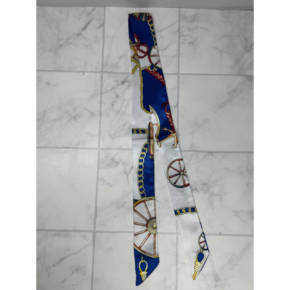 Nautical Chain Anchor Print Skinny Satin Like Scarf Blue White Gold Handbag Wrap